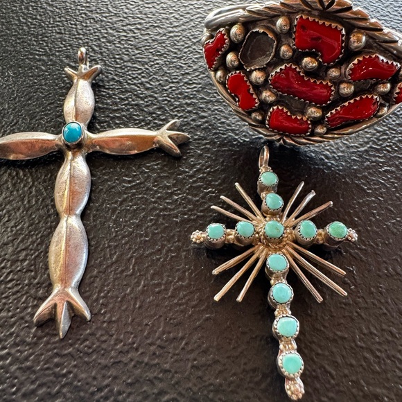 Navajo Sterling Cross Pendants & Red Coral Cuff - Picture 3 of 6